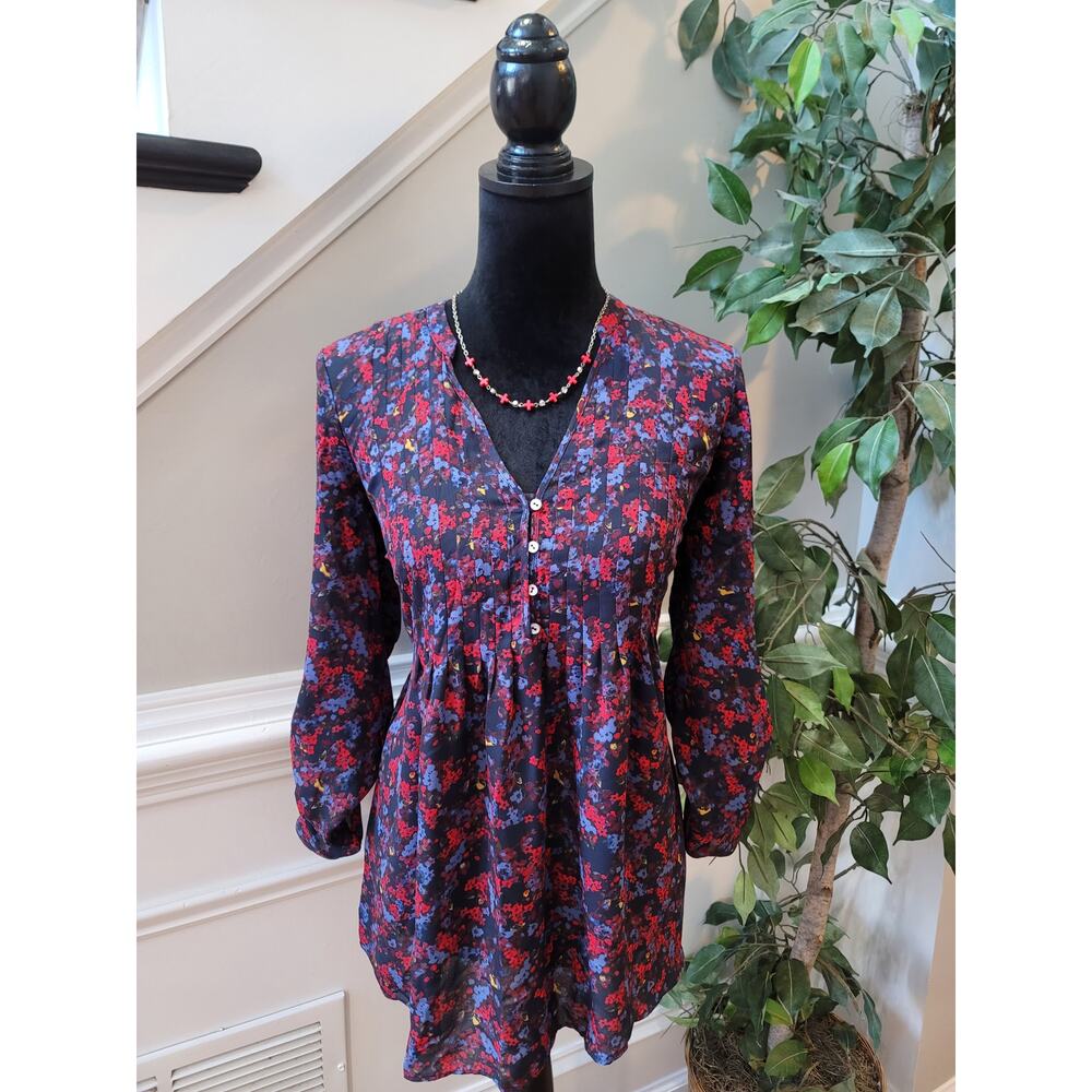 A Pea in the Pod Maternity Blouse S Multi Ditsy Floral Pleated Ruffle Split Neck